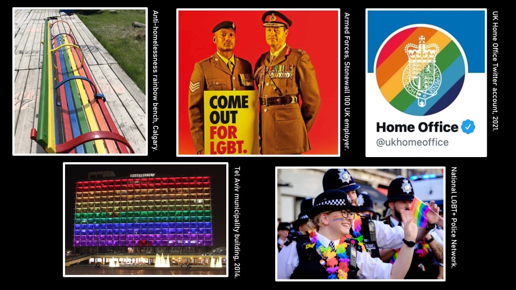 A selection of images that depict the partial embrace of aspects of LGBTQ lives by institutions that inflict harm in the past and the present.